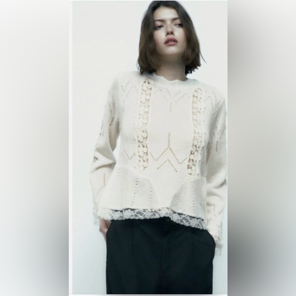 ZARA Pointelle Open Knit Crewneck Lace Details Sweater in Cream - Picture 5 of 10